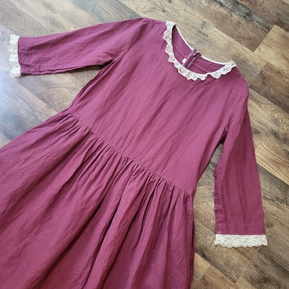 Len.Ok 100% Linen Purple 3/4 Sleeve Collared Lace Detail Knee Length Dress - Picture 2 of 8